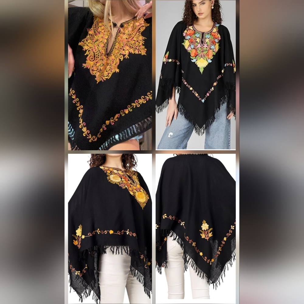 Embroidered Poncho Black Boho Fringe Hem Oversized Festival Top Bohemian Artsy - Picture 4 of 14